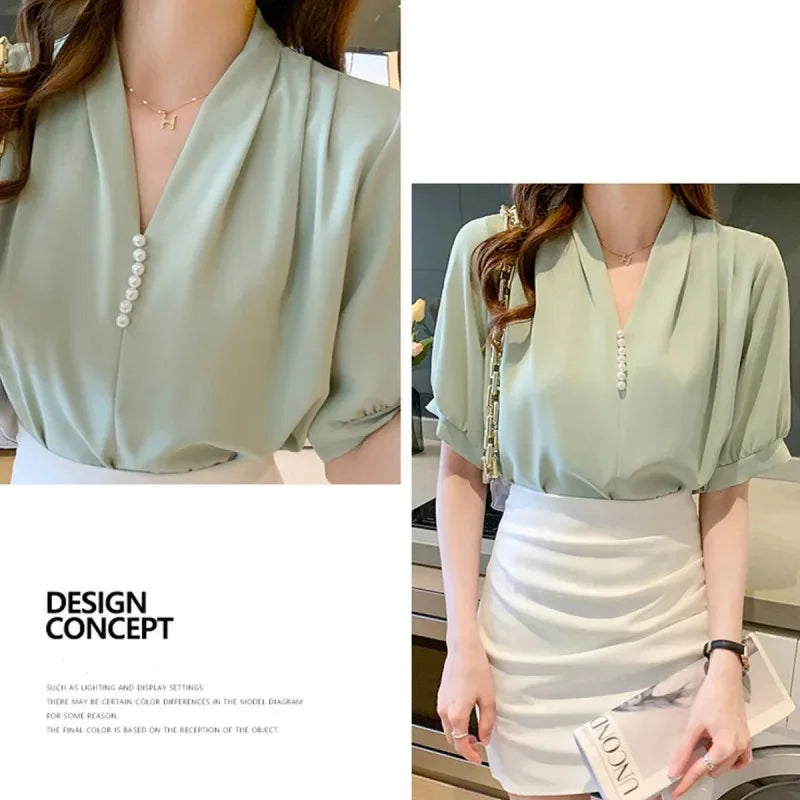Blusa Casual Verão – Manga Curta Bufante, Decote em V