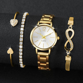 Conjunto Feminino 4 Peças – Relógio Quartz Elegante e Casual com Bracelete