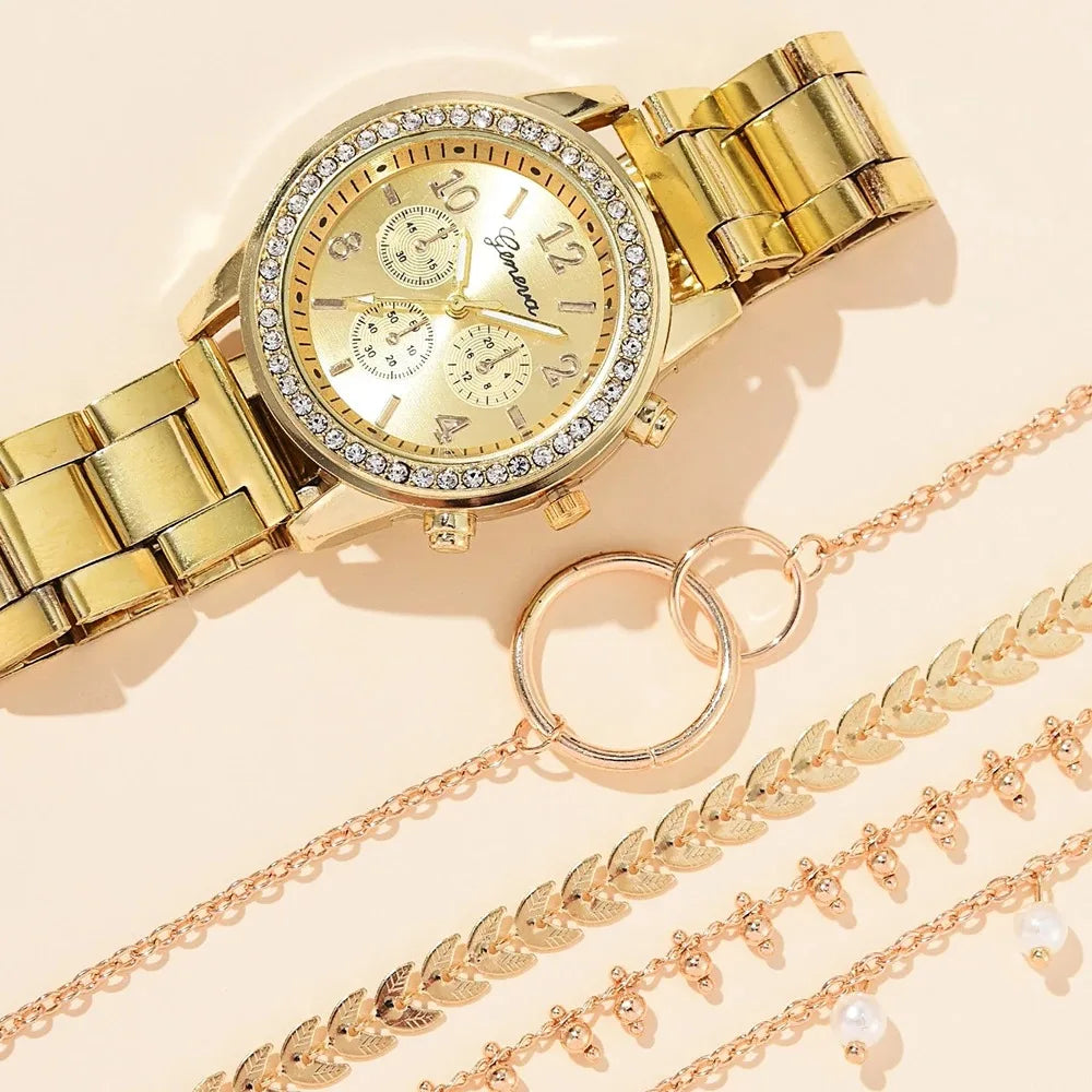 Women's 5-Piece Set – Silver Watch with Rhinestone Details and Metallic Bracelet
