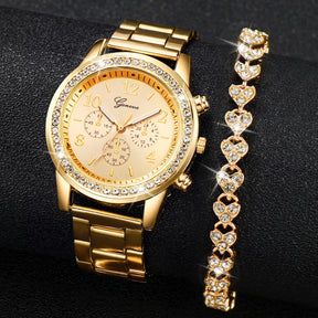 Relógio Feminino Dourado em Aço Inoxidável com Bracelete de Diamantes
