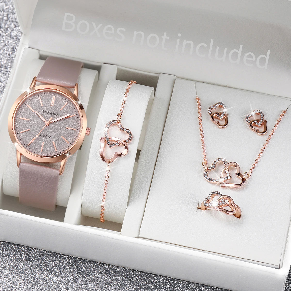 Conjunto Feminino 6 Peças – Relógio com Pulseira em couro e Conjunto de Joias Rosé com Coração