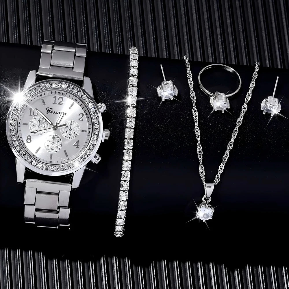 5-in-1 Jewelry Set – Watch with Earrings, Necklace, Ring and Elegant Bracelet