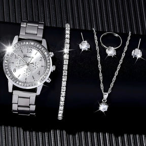 5-in-1 Jewelry Set – Watch with Earrings, Necklace, Ring and Elegant Bracelet