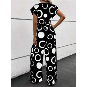 Macacão Feminino Elegante de Verão com Estampa – Manga Curta, Cintura Alta e Pernas Largas