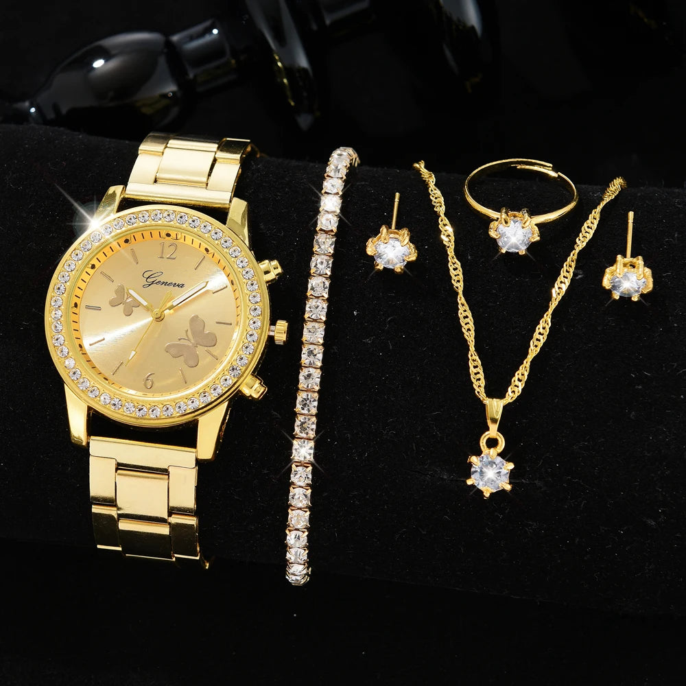 5-in-1 Jewelry Set – Watch with Earrings, Necklace, Ring and Elegant Bracelet