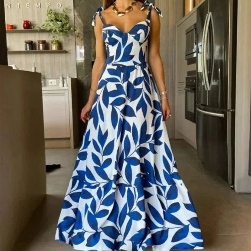 Women's Long Blue Dress – Elegant Model with Thin Straps | Sophisticated Style