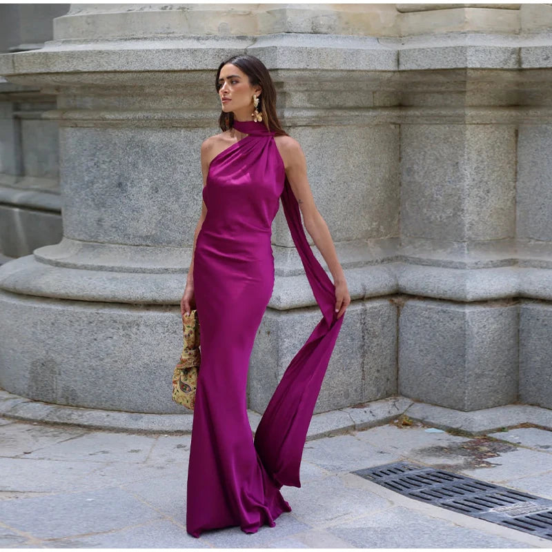 Satin Prom Dress with Bow – Elegant, Halter Neckline, Off-the-Shoulder and Open Back