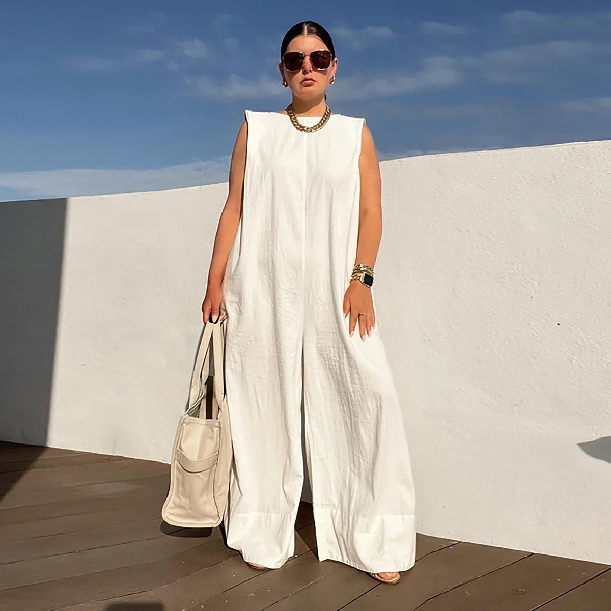Women's Sleeveless Wide Leg Jumpsuit – Loose Fit, Solid Colors, and Casual-Chic Style