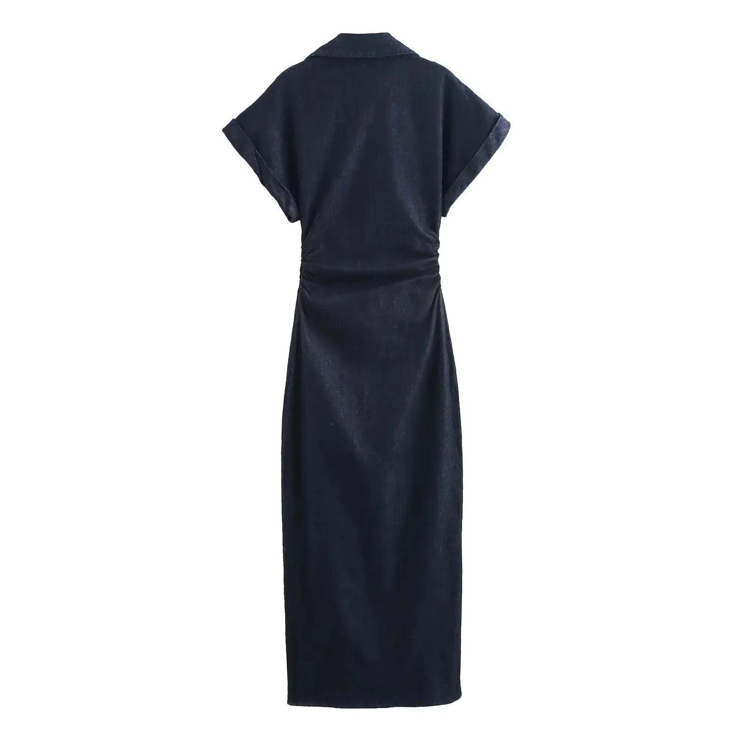 Women's Denim Midi Dress – Casual Elegance Spring/Summer 2025 with Short Ruched Sleeves 