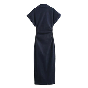 Women's Denim Midi Dress – Casual Elegance Spring/Summer 2025 with Short Ruched Sleeves 