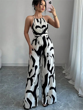 Women's Long Jumpsuit with Halter Neckline – Printed, Sleeveless, High Waist with Bow and Wide Leg Pants 