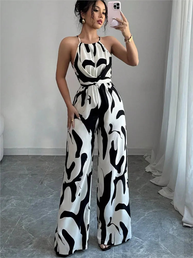 Women's Long Jumpsuit with Halter Neckline – Printed, Sleeveless, High Waist with Bow and Wide Leg Pants 