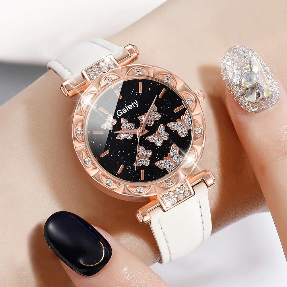 Conjunto Feminino 5 Peças – Relógio Branco com Mostrador de Borboleta e Pulseira em Couro