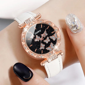 Women's 5-Piece Set – White Watch with Butterfly Dial and Leather Strap
