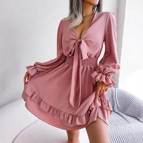 Elegant Short Long Sleeve Dress with Tie – Casual Spring/Summer