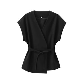 Women's Sleeveless Top and Pants Set – V-Neck, Elegant Belt, and Straight Cut 