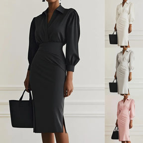 Women's Winter Midi Dress 2025 – Pleated Elegance with V-Neckline and Long Sleeves