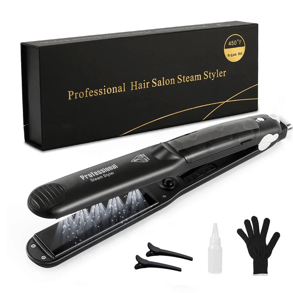Professional Steam Hair Straightener with Ceramic Coating – Argan Oil Treatment – ​​Fast Heat Up to 450℉
