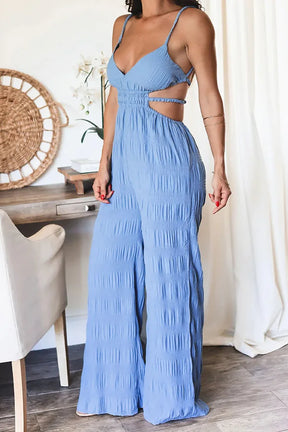 Elegant Women's Sleeveless Jumpsuit – Thin Straps, Open Back and Wide Leg 