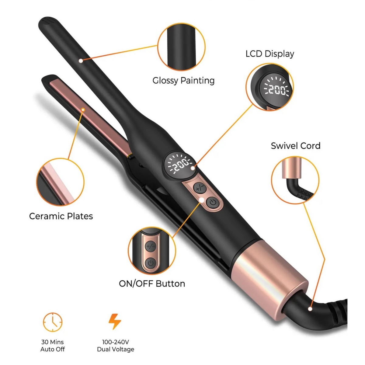 Mini Ceramic Hair Straightener with Tourmaline – Ideal for Short Hair, Beards and Pixie Cuts – 3/10 Inch Blade