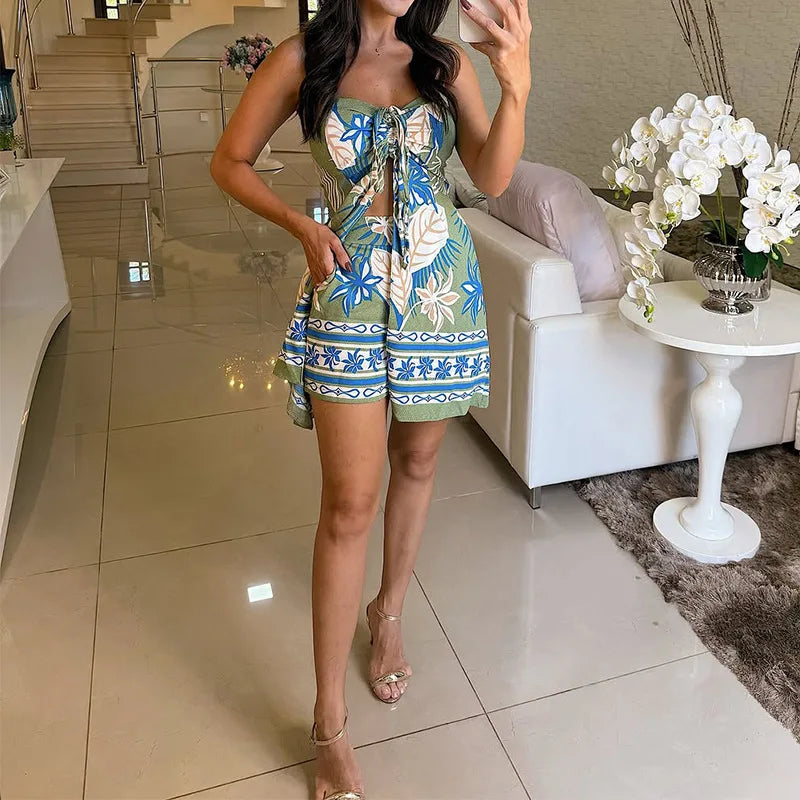 Elegant Women's Summer Outfit 2025 – Wrap Top and Printed Shorts