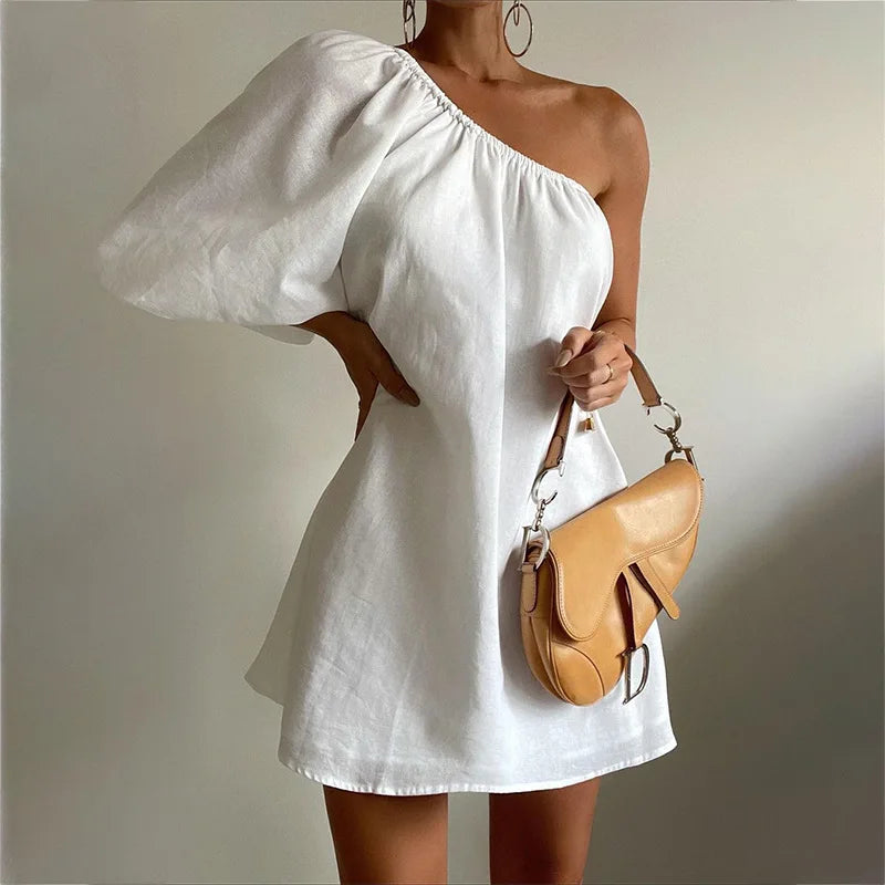 Cotton and Linen Midi Dress – One Shoulder with Puff Sleeves