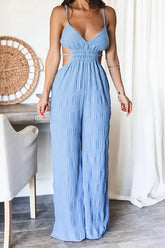 Elegant Women's Sleeveless Jumpsuit – Thin Straps, Open Back and Wide Leg 