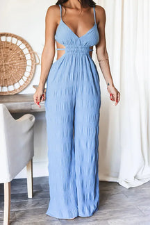 Elegant Women's Sleeveless Jumpsuit – Thin Straps, Open Back and Wide Leg 