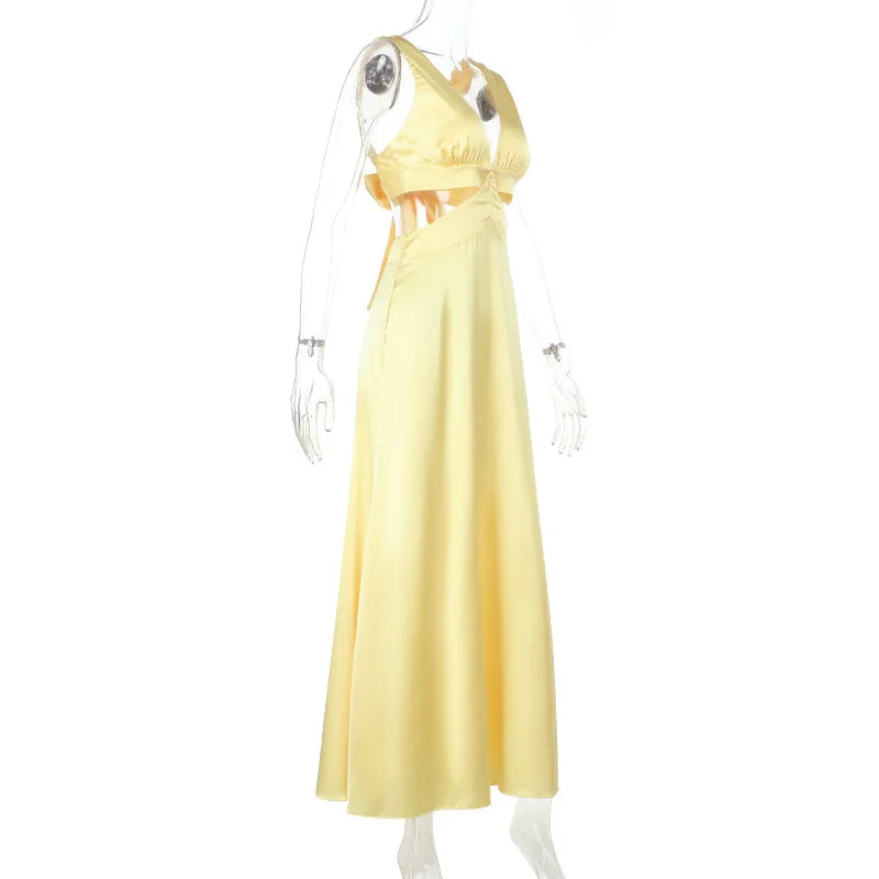Long Dress with Deep V-Neckline – Elegant Cutouts, Side Slit and High Waist