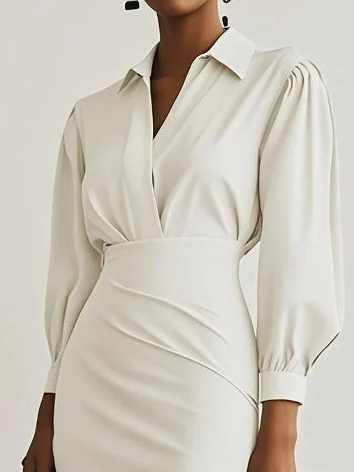 Women's Winter Midi Dress 2025 – Pleated Elegance with V-Neckline and Long Sleeves