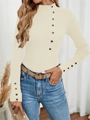 Blusa Elegante de Malha com Botões e Manga Comprida – Camada Confortável
