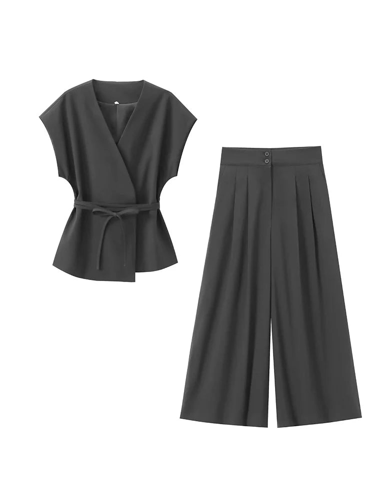 Women's Sleeveless Top and Pants Set – V-Neck, Elegant Belt, and Straight Cut 