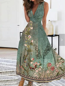 Vestido Feminino Elegante de Verão 2025 – Estampado, Cintura Alta, Sem Mangas e de Comprimento Médio