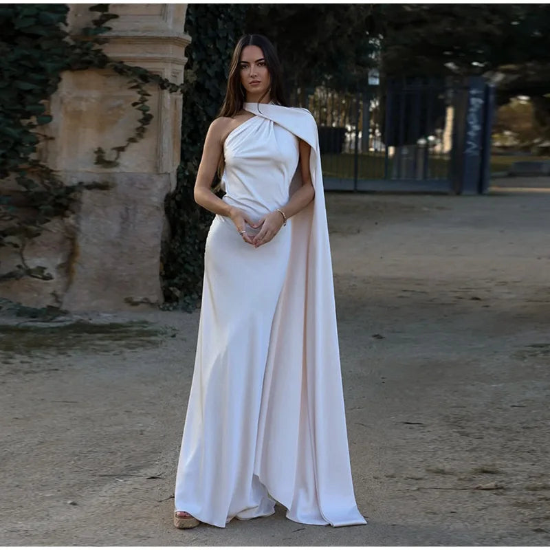 Satin Prom Dress with Bow – Elegant, Halter Neckline, Off-the-Shoulder and Open Back