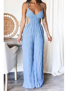 Elegant Women's Sleeveless Jumpsuit – Thin Straps, Open Back and Wide Leg 