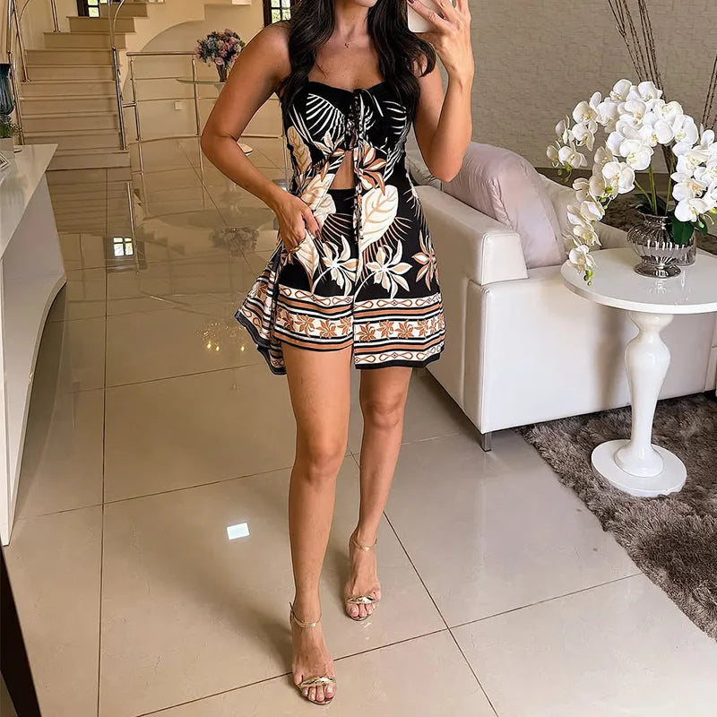 Elegant Women's Summer Outfit 2025 – Wrap Top and Printed Shorts