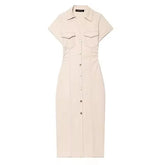 Women's Denim Midi Dress – Casual Elegance Spring/Summer 2025 with Short Ruched Sleeves 