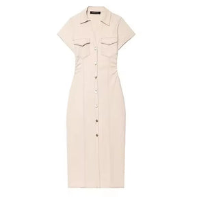 Women's Denim Midi Dress – Casual Elegance Spring/Summer 2025 with Short Ruched Sleeves 