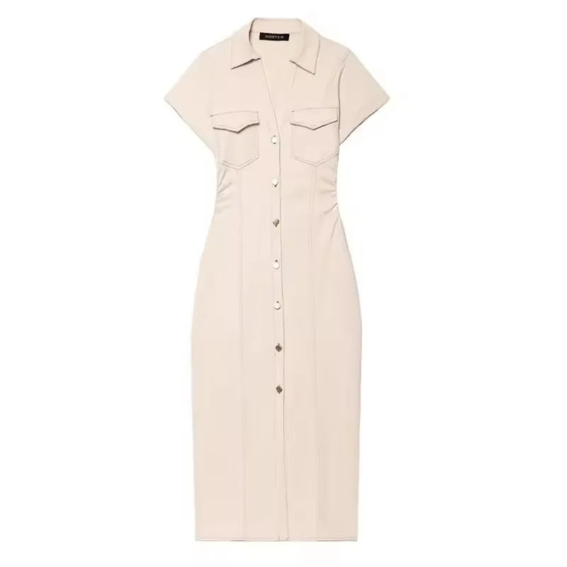 Women's Denim Midi Dress – Casual Elegance Spring/Summer 2025 with Short Ruched Sleeves 