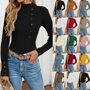 Blusa Elegante de Malha com Botões e Manga Comprida – Camada Confortável