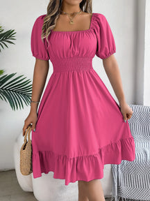 Midi Dress – Summer Casual with Square Neckline, Short Sleeves and Ruffled Waist