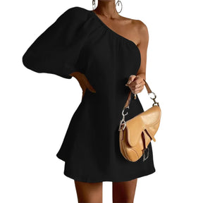 Cotton and Linen Midi Dress – One Shoulder with Puff Sleeves