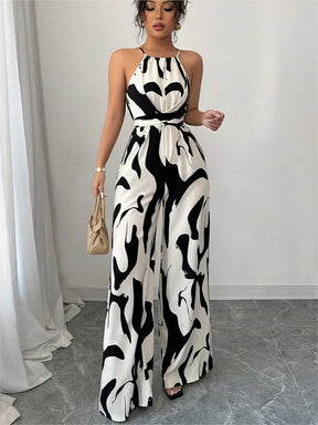 Women's Long Jumpsuit with Halter Neckline – Printed, Sleeveless, High Waist with Bow and Wide Leg Pants 