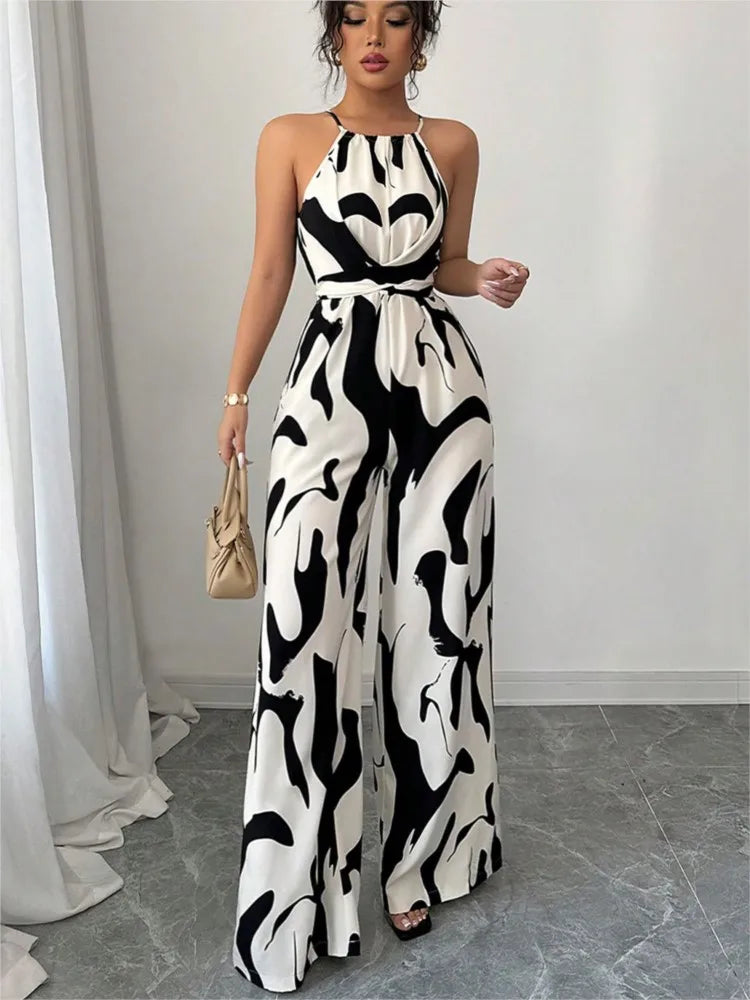 Women's Long Jumpsuit with Halter Neckline – Printed, Sleeveless, High Waist with Bow and Wide Leg Pants 
