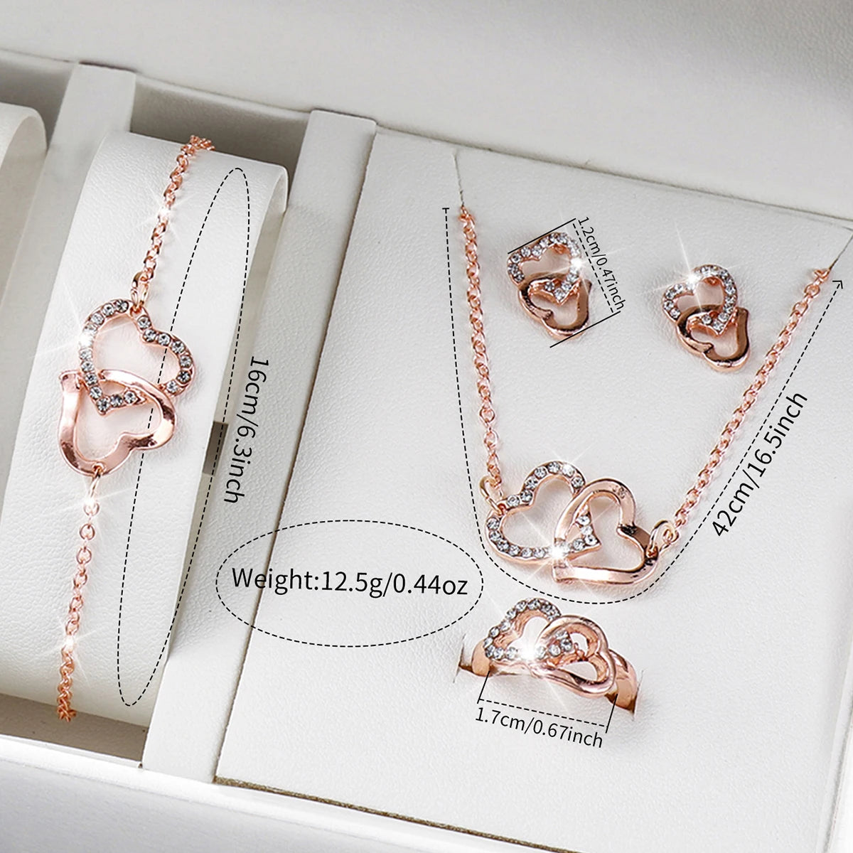 6-Piece Women's Set – Watch with Leather Bracelet and Rosé Jewelry Set with Heart 