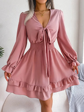 Elegant Short Long Sleeve Dress with Tie – Casual Spring/Summer