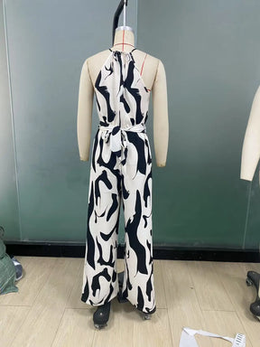Women's Long Jumpsuit with Halter Neckline – Printed, Sleeveless, High Waist with Bow and Wide Leg Pants 