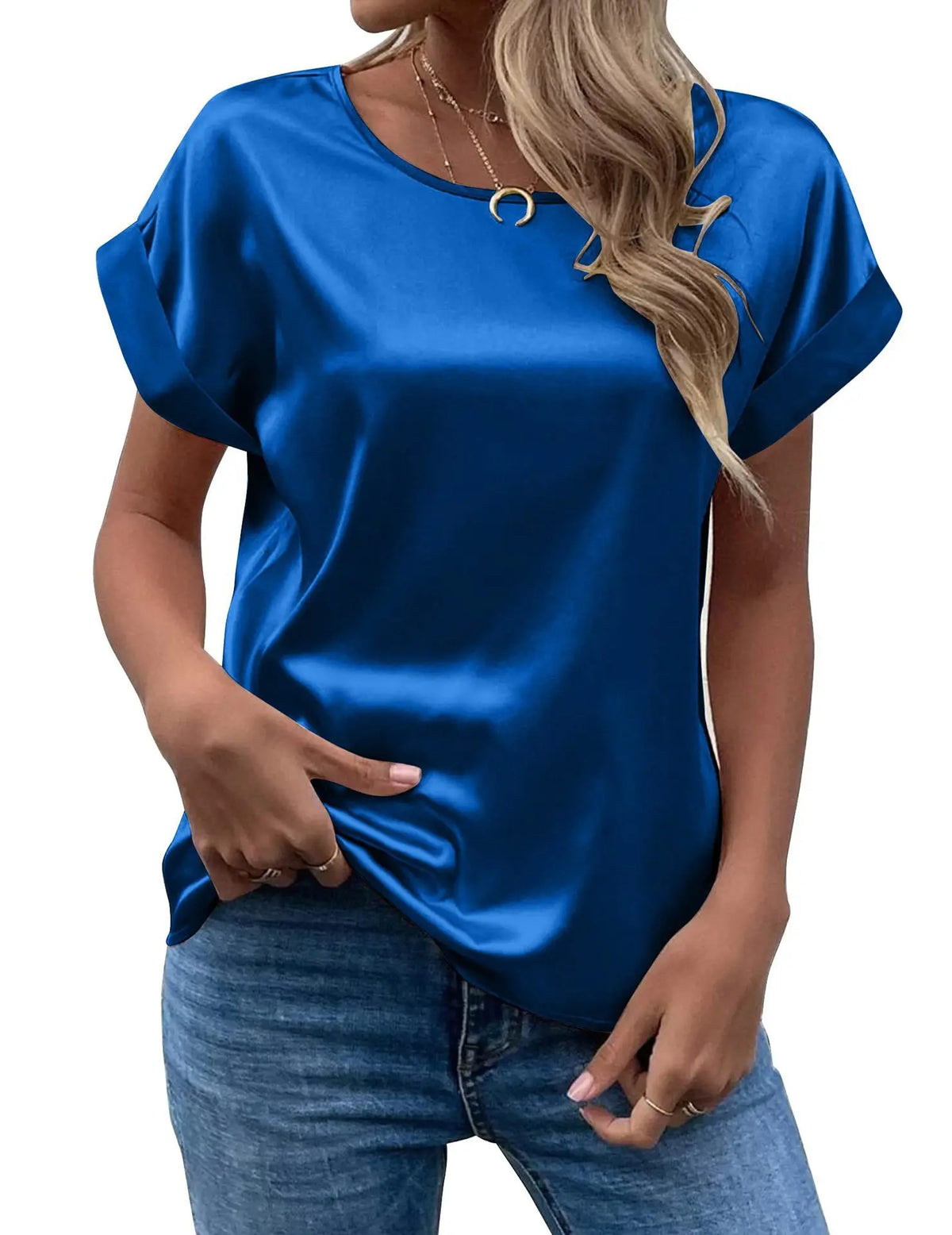 Camisa Feminina de Verão em Cetim – Elegante, Solta e com Gola Redonda | Manga Curta