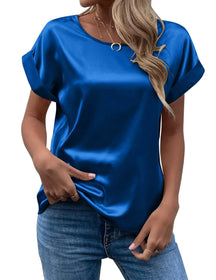 Camisa Feminina de Verão em Cetim – Elegante, Solta e com Gola Redonda | Manga Curta