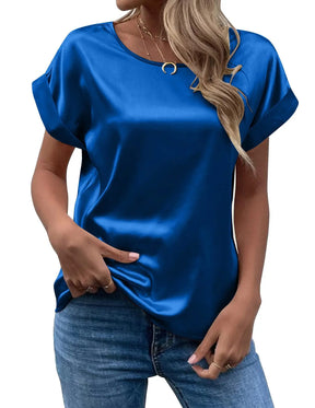 Camisa Feminina de Verão em Cetim – Elegante, Solta e com Gola Redonda | Manga Curta